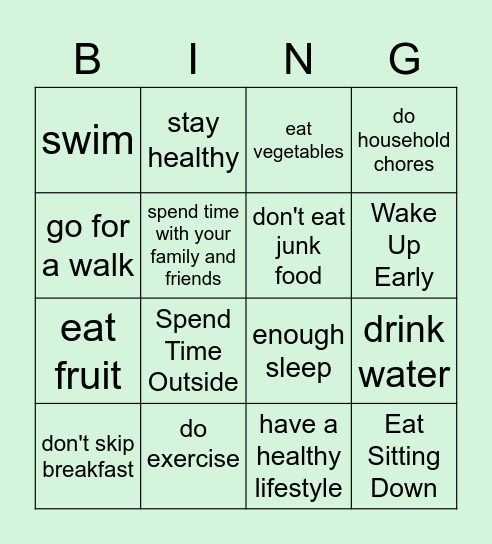Healthy lifestyle Bingo Card