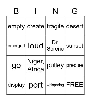 Africa Digs Vocabulary Bingo Card