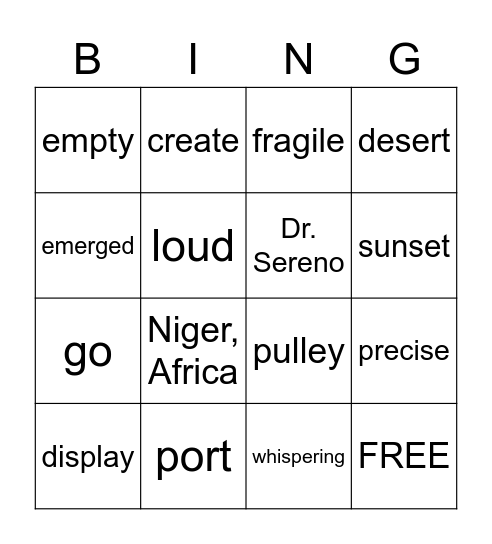 Africa Digs Vocabulary Bingo Card