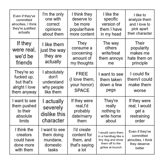 Leem's Character Opinion Bingo Card