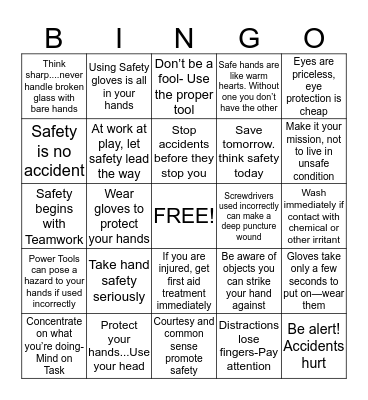 TAR 2016 SAFETY BINGO Card