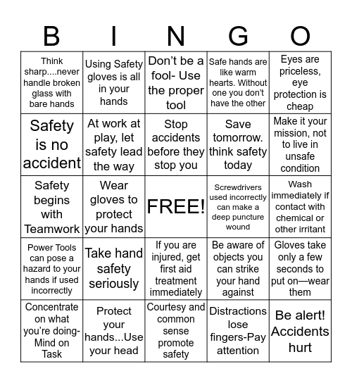 TAR 2016 SAFETY BINGO Card