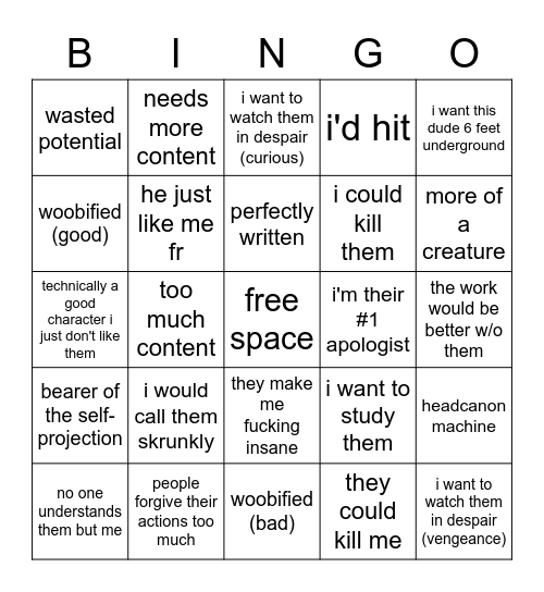 character bingo Card