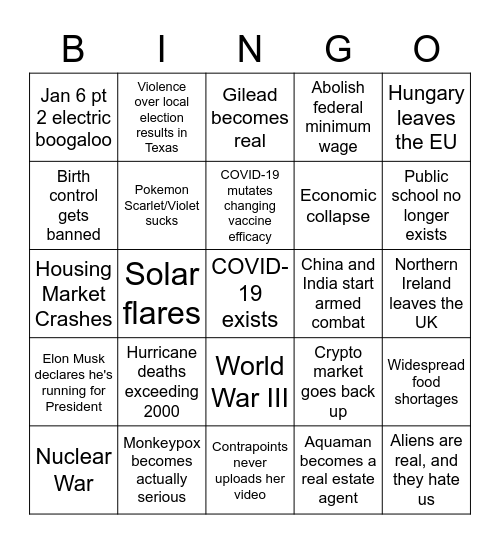 Apocalypse Bingo Card