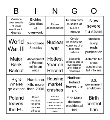 2022 Apocalypse Bingo Card