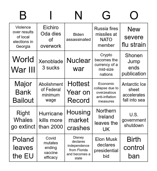 2022 Apocalypse Bingo Card