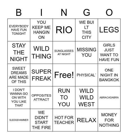 80'S MTV Bingo Card