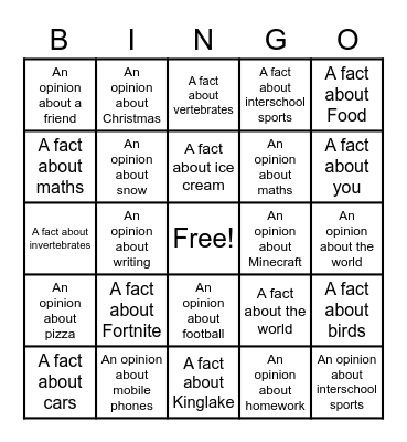 Fact or Opinion Bingo Card