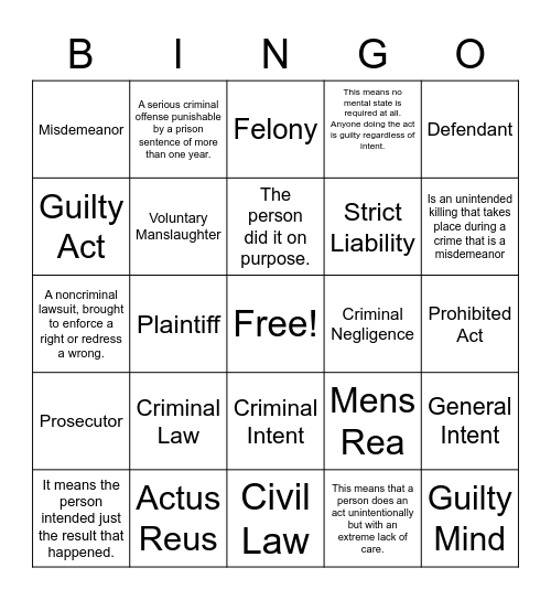 Elements of a Crime Bingo Card