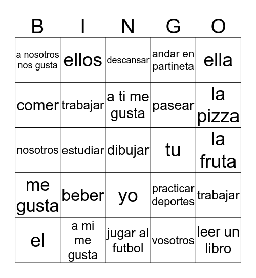 Spanish Stuff Bingo Card