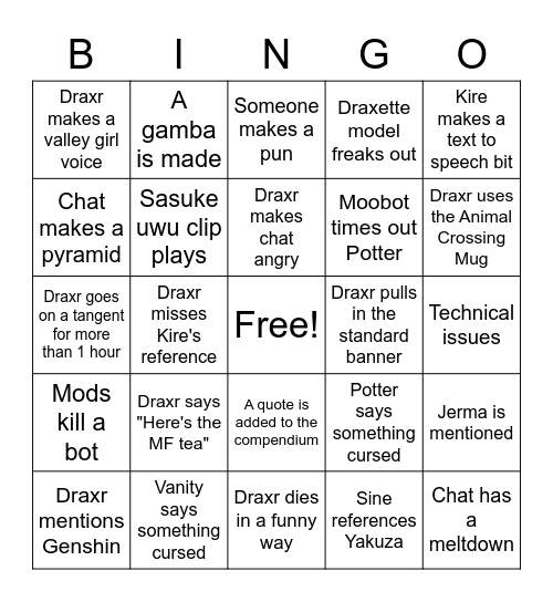 Draxr Bingo 1 Bingo Card