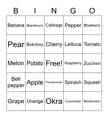 Fruits and Veggies Bingo Card