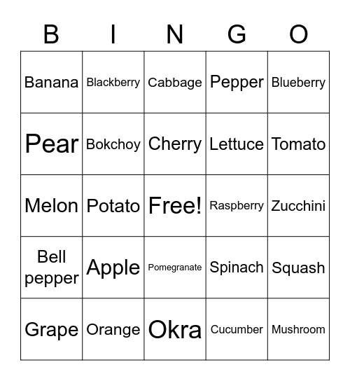 Fruits and Veggies Bingo Card