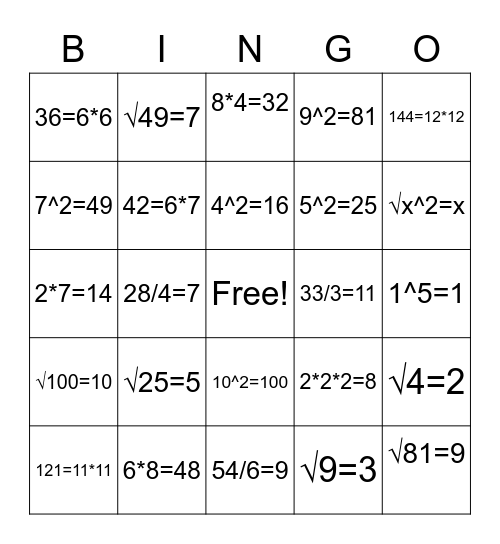 Exponents & Square Roots Bingo Card