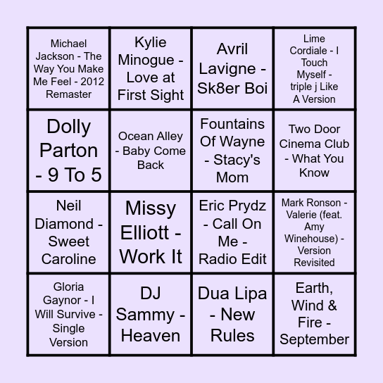 Prince Music Bingo - Round 1 Bingo Card