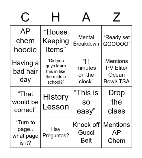 CHAZ BINGO Card