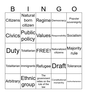 Americans, Citizenship, & Government Bingo Card