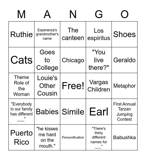 The House On Mango Street Bingo Card