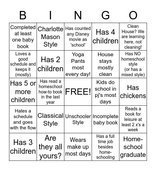 Homeschool Mom's Rock! Bingo Card