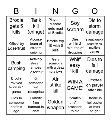 Wow epic fortnite bingo Card