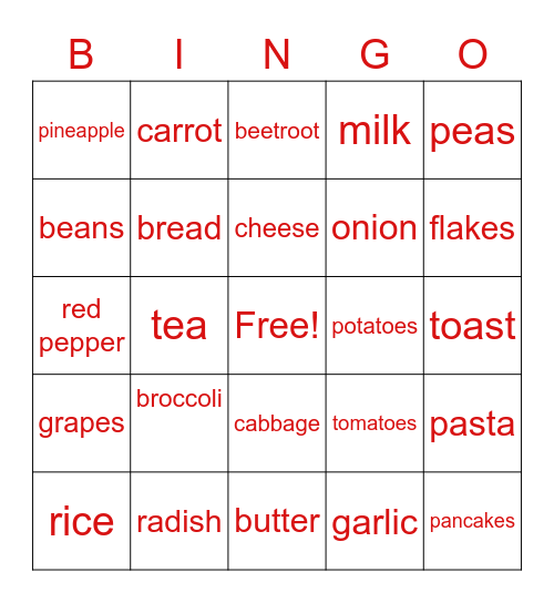 food Bingo Card