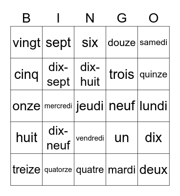 Nombres / Jours de la semaine Bingo Card