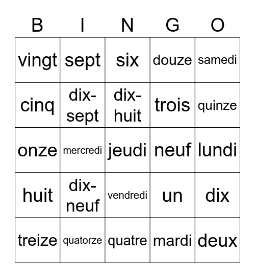 Nombres / Jours de la semaine Bingo Card