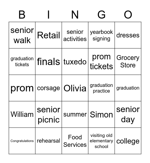 End of Year Activities Bingo Card