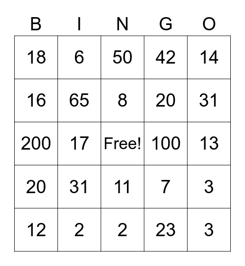 subtraction bingo Card
