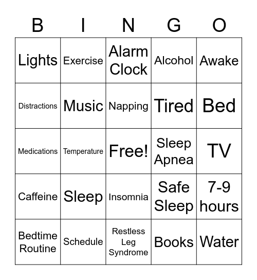 Sleep Bingo Card