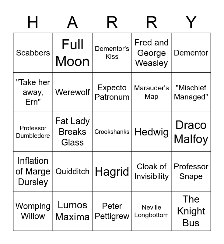 Harry Potter and the Prisoner of Azkaban Bingo Card