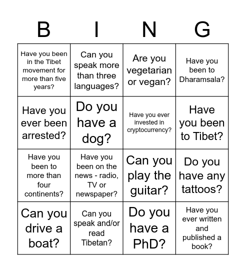 Tibet Network Barcelona Meeting Bingo Card