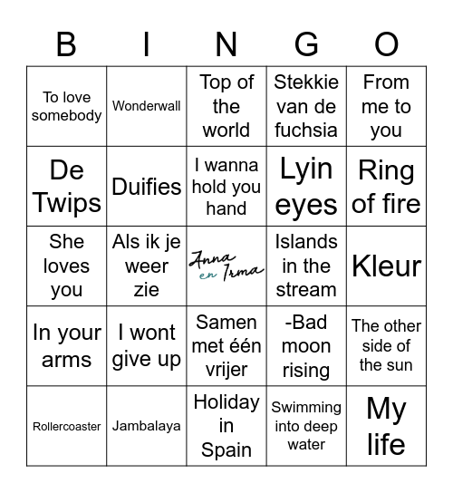 Anna en Irma's Muziekbingo! Bingo Card