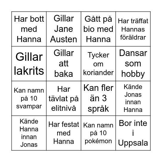 Hannas möhippa Bingo Card