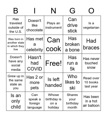 Get to Know You Bingo Card