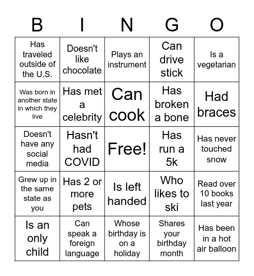 Get to Know You Bingo Card