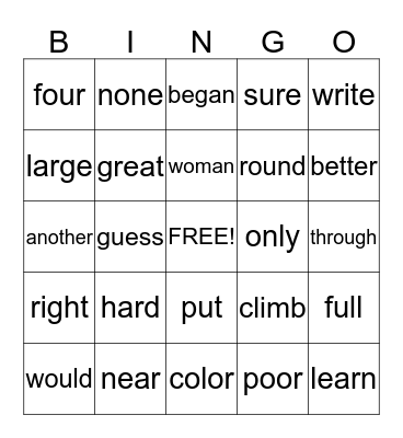 sight word bingo list 5 1st  Bingo Card
