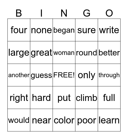 sight word bingo list 5 1st  Bingo Card