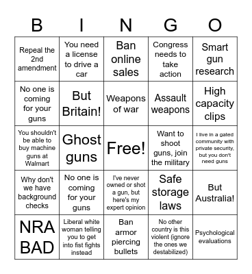 Gun Control Bingo Card