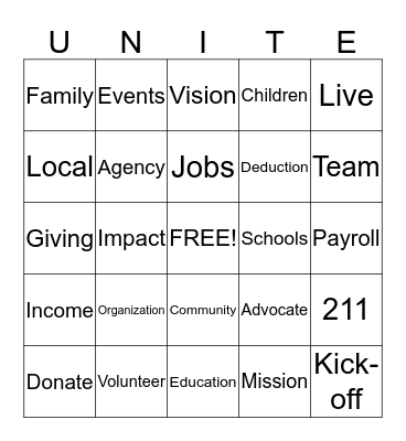 UNITED WAY BINGO Card