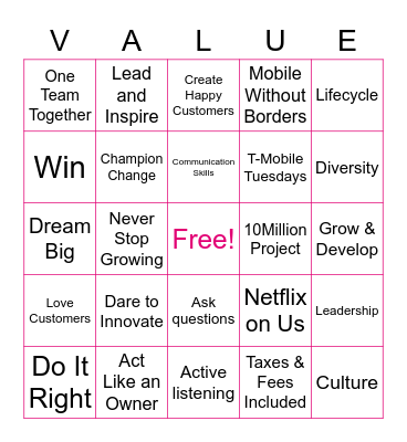 CAT Value Bingo Card