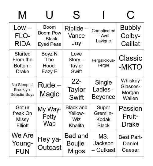 Graduation Music Bingo Card