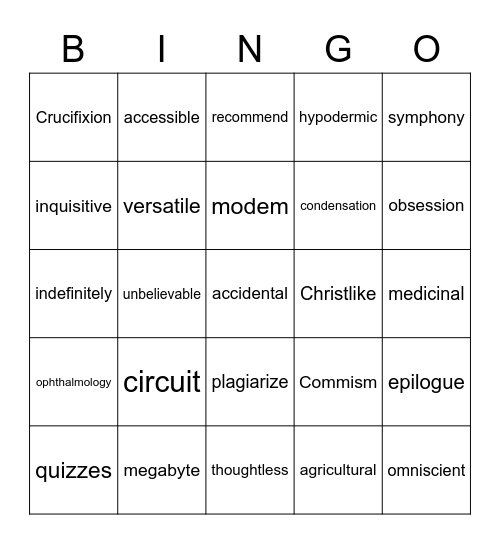 Last spelling list Bingo Card