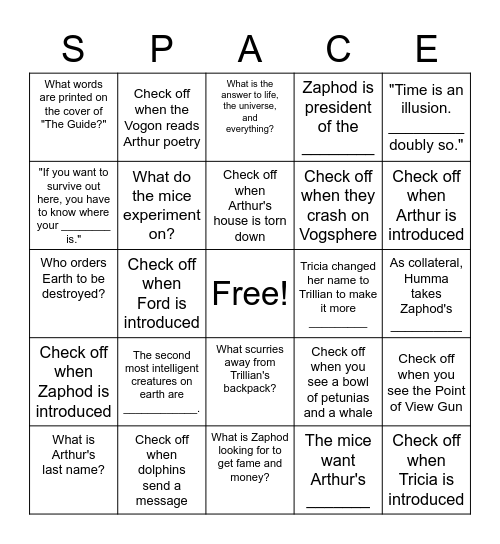 Hitchhikers Guide to the Galaxy Bingo Card