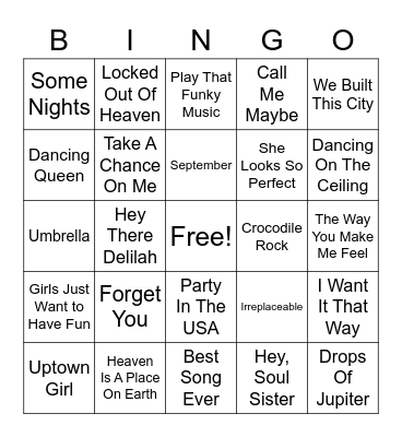 Shower Songs Bingo Card