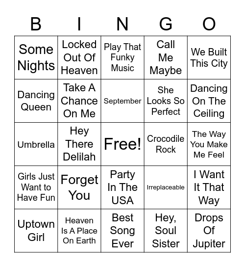 Shower Songs Bingo Card