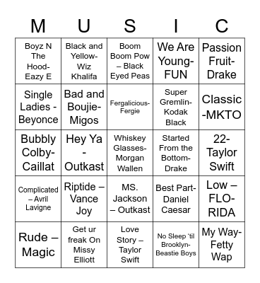 Graduation Music Bingo Card
