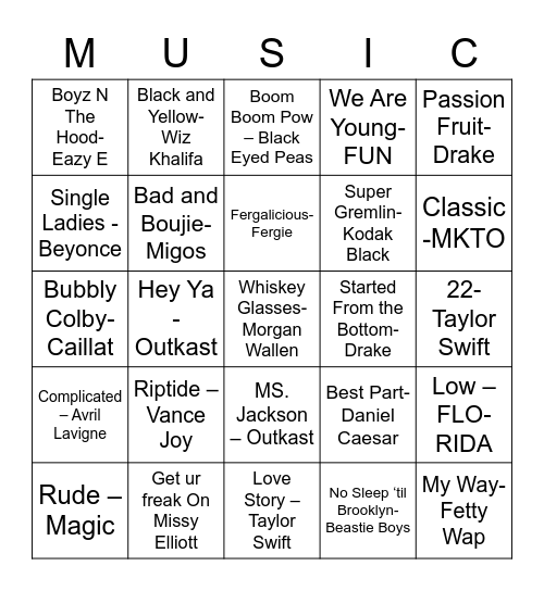 Graduation Music Bingo Card