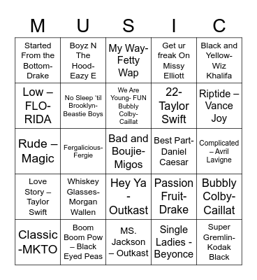 Graduation Music Bingo Card