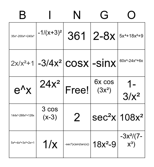 derivative Bingo Card